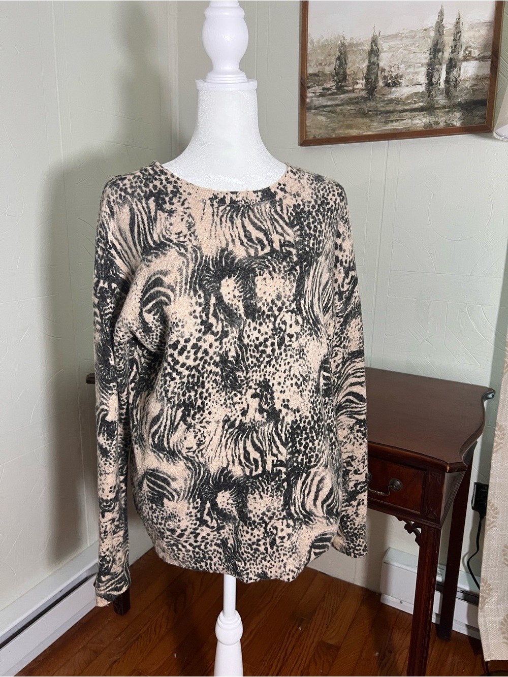 bp Cream and Black Animal-Print Crewneck Sweater
